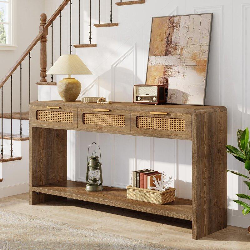 Kahverengi Rattan Çekmeceli Raflı MDF Dresuar - 140 cm - 332025