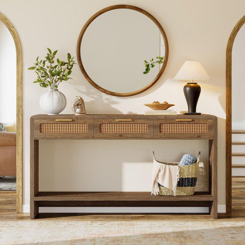 Kahverengi Rattan Çekmeceli Raflı MDF Dresuar - 140 cm - 332025