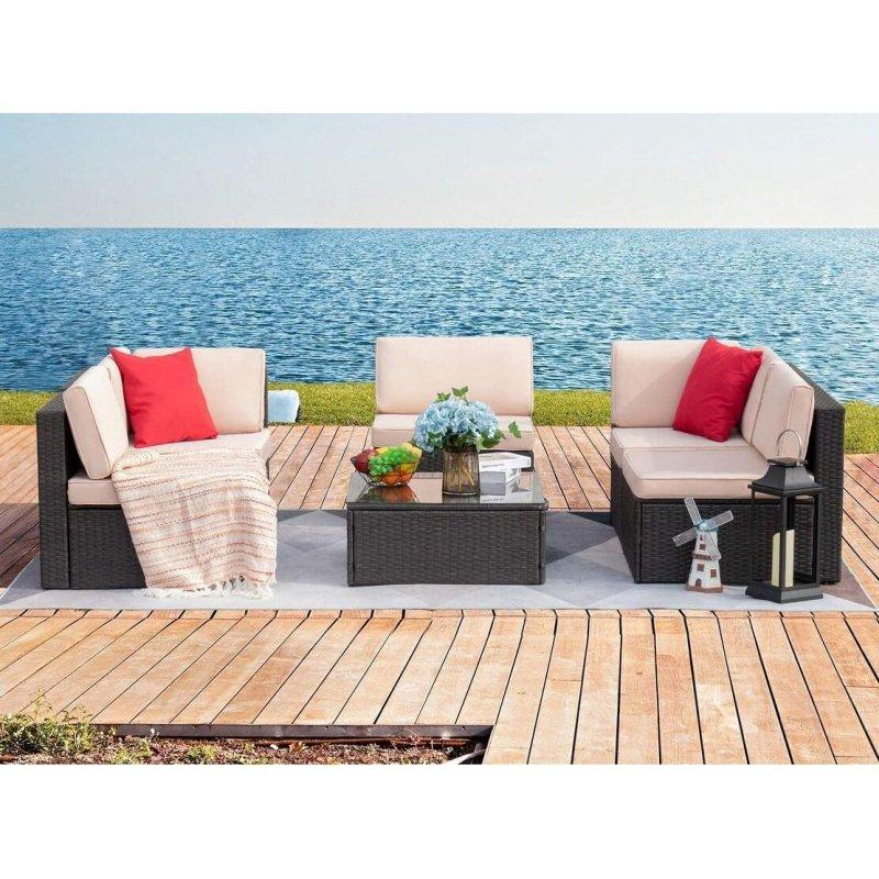 Kahverengi Rattan Çelik İskeletli Modüler 6 Parça Bahçe Takımı - 269588