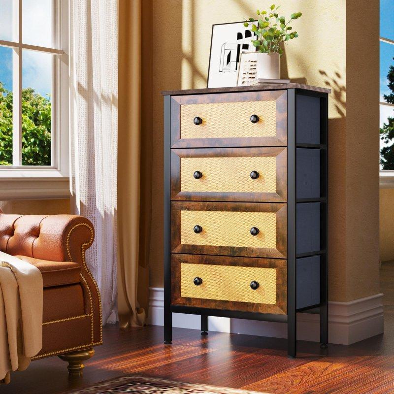 Kahverengi Rattan Desenli Metal Gövdeli Kumaş Çekmeceli Şifonyer - 311243