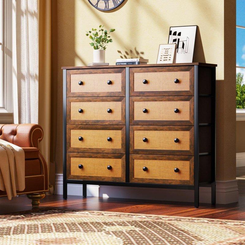 Kahverengi Rattan Desenli Metal Gövdeli Kumaş Çekmeceli Şifonyer - 311243