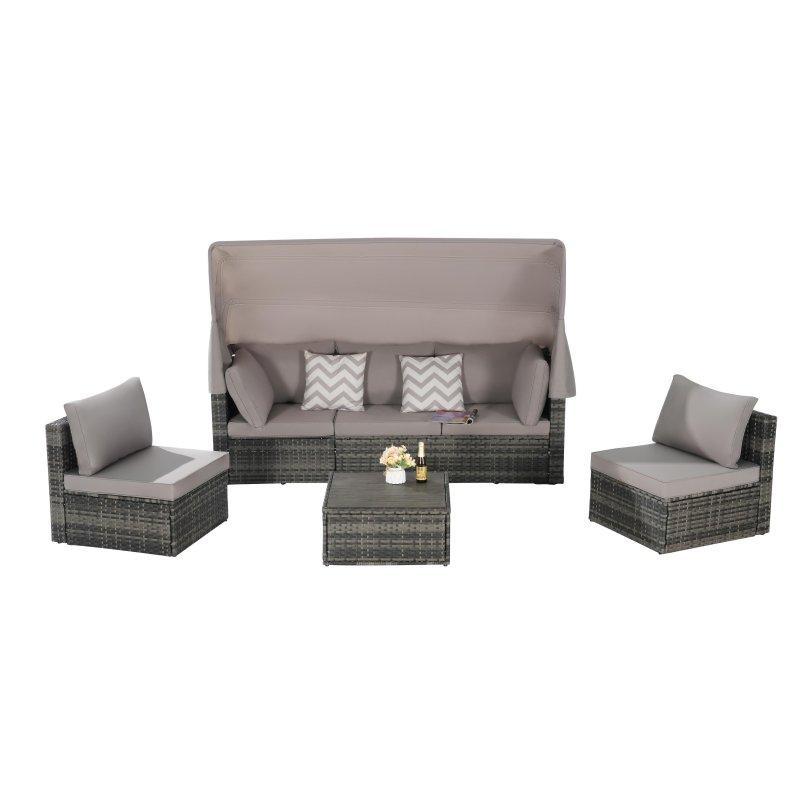 Kahverengi Rattan Geri Çekilebilir Tenteli 5 Parça Modüler Bahçe Takımı - 273321