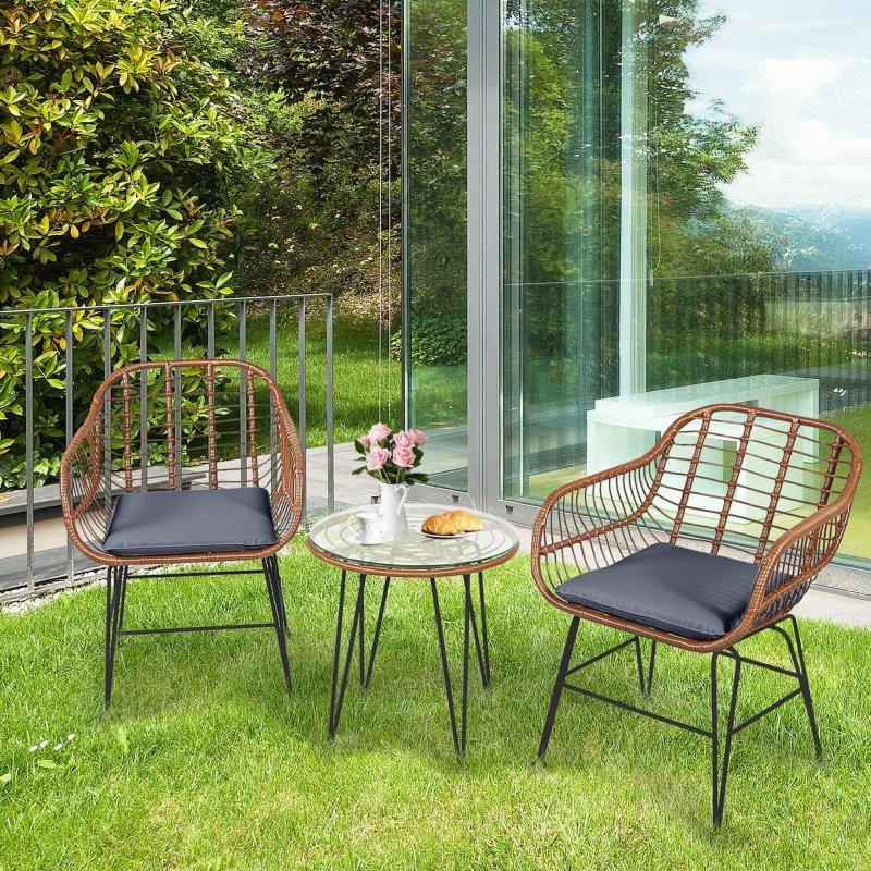 Kahverengi Rattan Minderli 3 Parça Bistro Bahçe Takımı - 275641