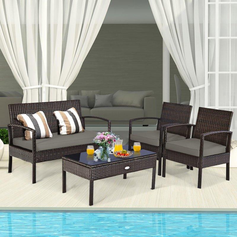 Kahverengi Rattan Minderli 4 Parça Bahçe Takımı - 268282