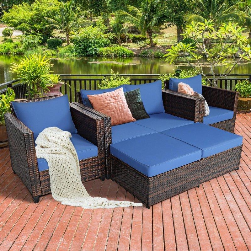 Kahverengi Rattan Minderli 5 Parça Puf Dahil Bahçe Takımı - 271324
