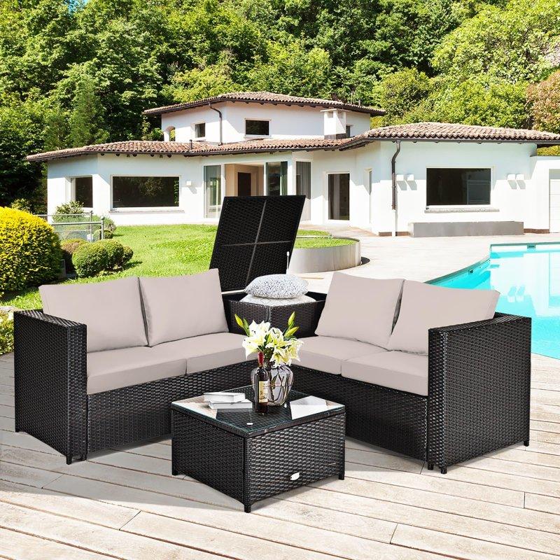 Kahverengi Rattan Minderli ve Depolamalı 4 Parça Bahçe Takımı - 273445