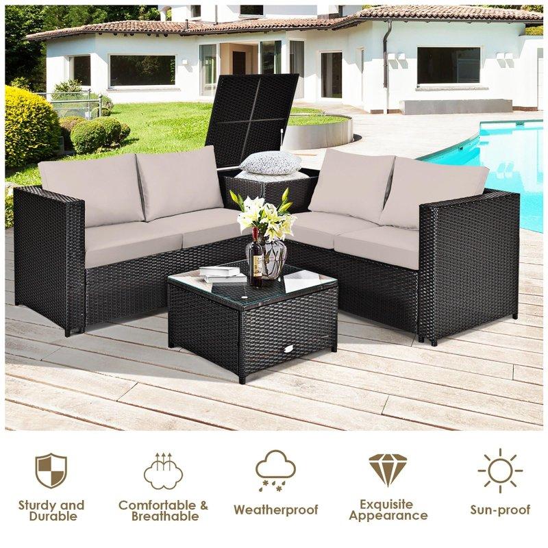 Kahverengi Rattan Minderli ve Depolamalı 4 Parça Bahçe Takımı - 273445