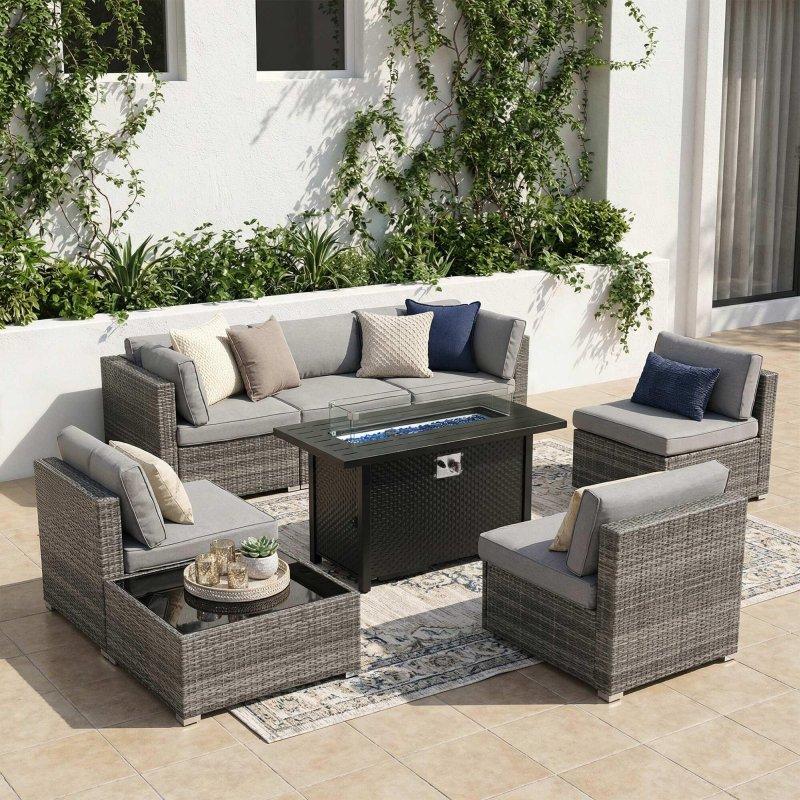 Kahverengi Rattan Modüler Ateş Çukurlu Masalı 8 Parça Bahçe Takımı - 270418