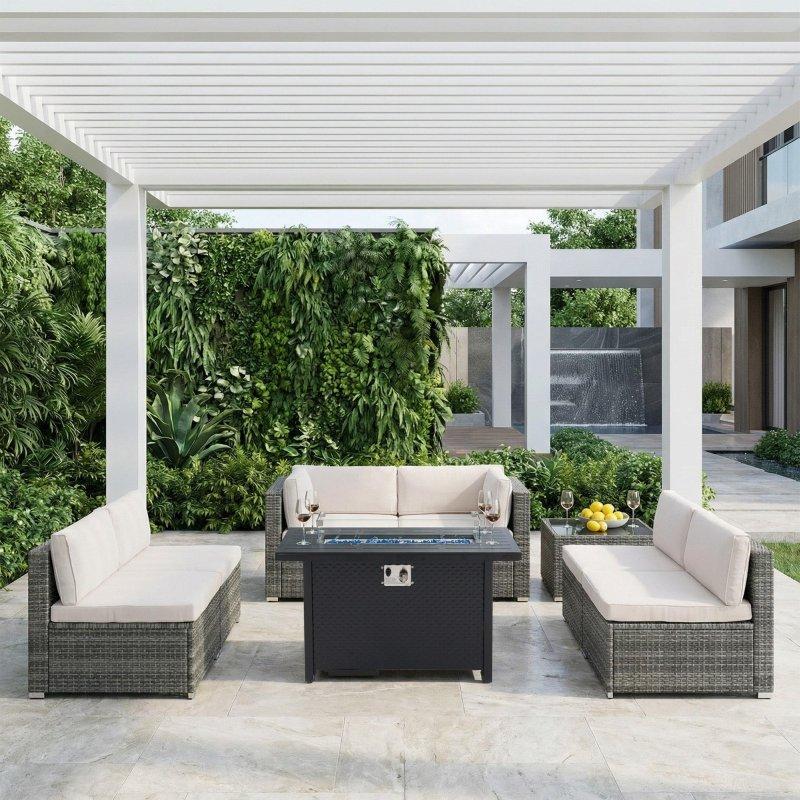 Kahverengi Rattan Modüler Ateş Çukurlu Masalı 8 Parça Bahçe Takımı - 270418