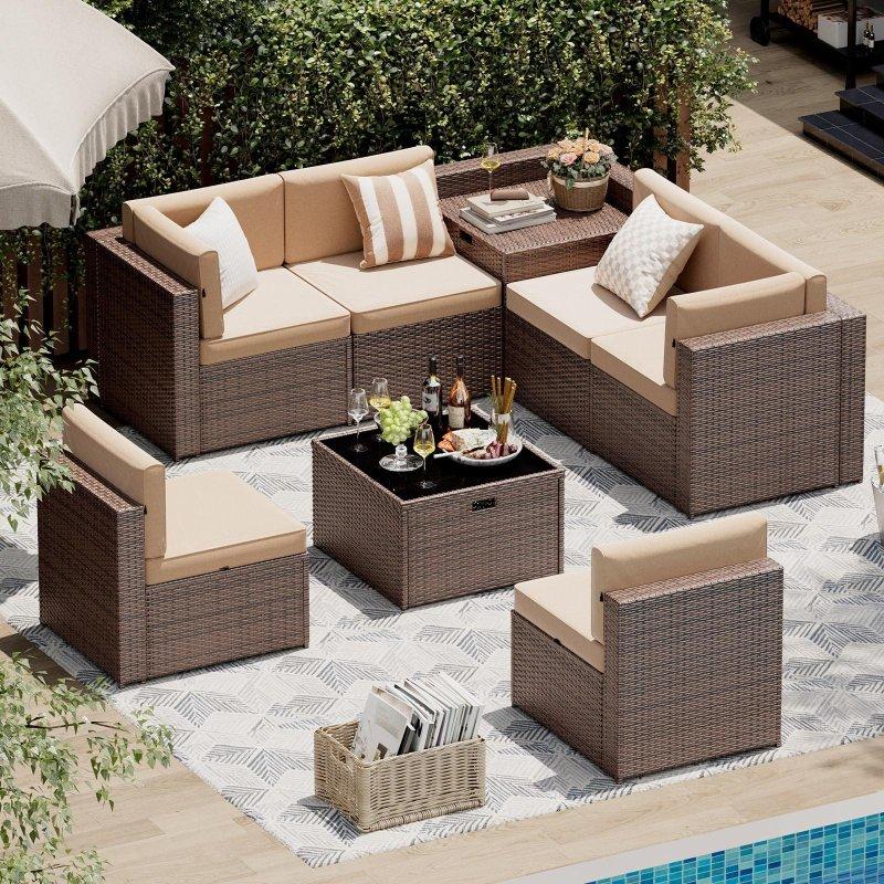 Kahverengi Rattan Modüler Depolama Kutulu Bahçe Takımı - 267759