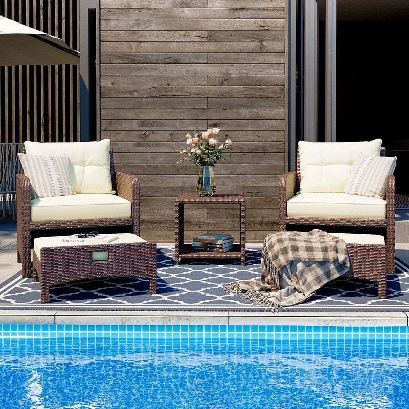 Kahverengi Rattan Puf Tabureli 5 Parça Minderli Bahçe Takımı - 276915