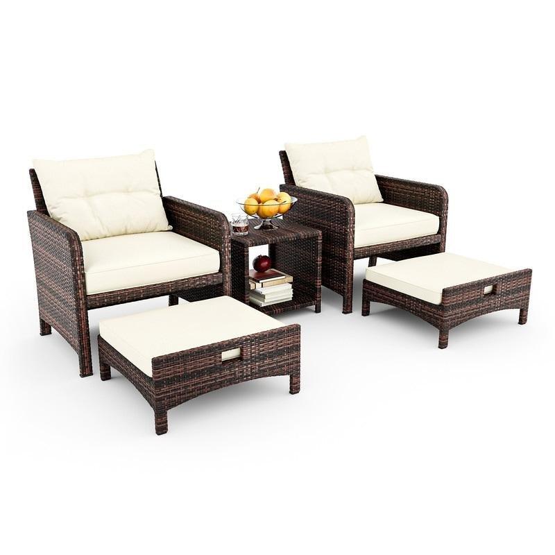 Kahverengi Rattan Puf Tabureli 5 Parça Minderli Bahçe Takımı - 276915