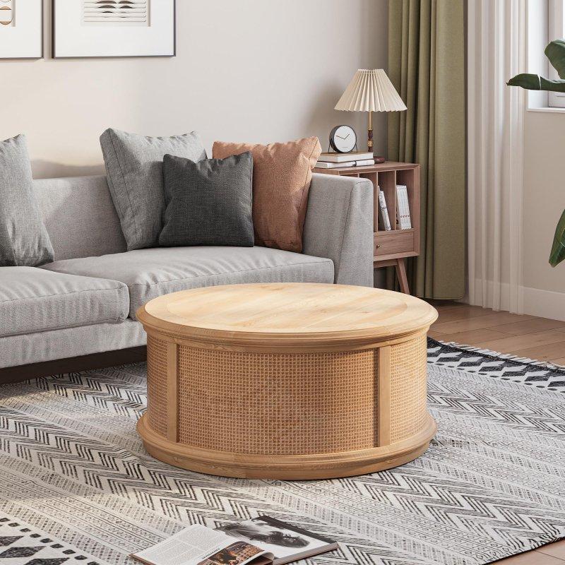 Kahverengi Rattan ve Ahşap Kalkar Kapaklı Yuvarlak Orta Sehpa - 92x46 cm - 239684