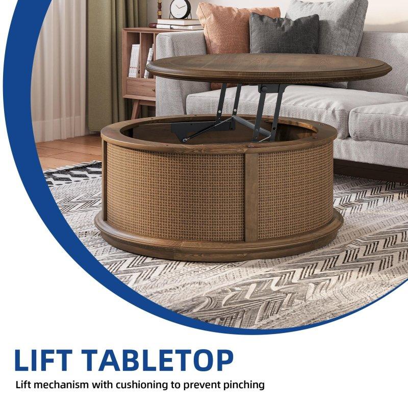 Kahverengi Rattan ve Ahşap Kalkar Kapaklı Yuvarlak Orta Sehpa - 92x46 cm - 239684