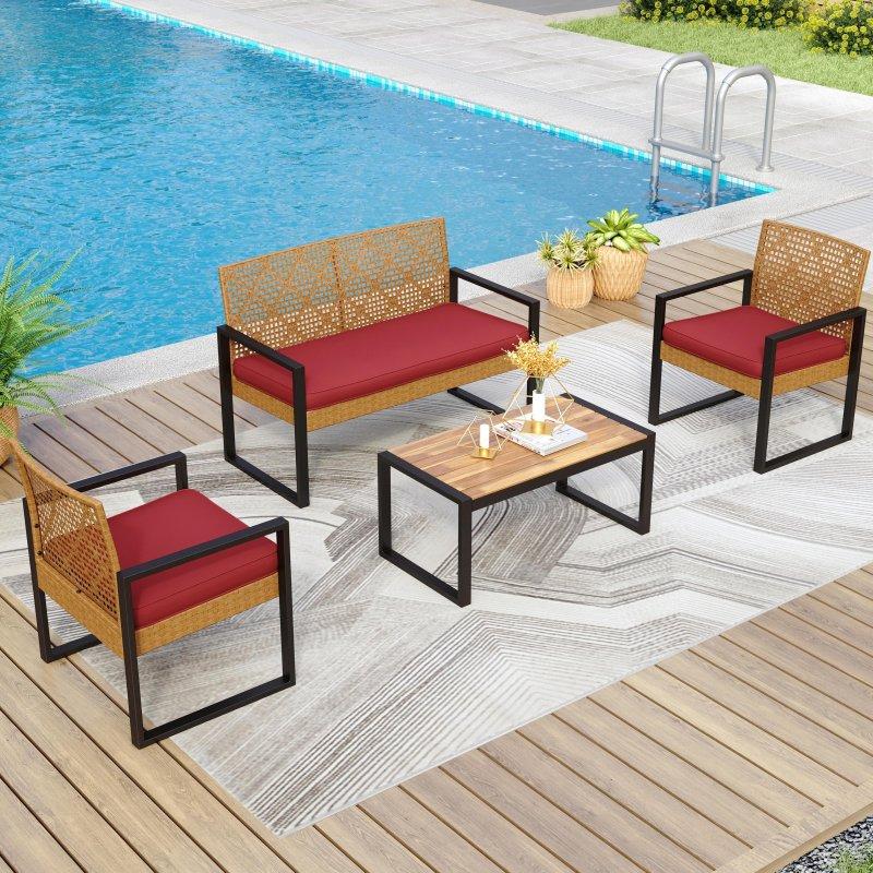 Kahverengi Rattan ve Ahşap Minderli 4 Kişilik Bahçe Takımı - 275378
