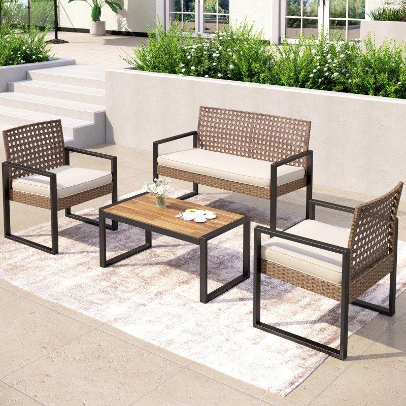 Kahverengi Rattan ve Ahşap Minderli 4 Kişilik Bahçe Takımı - 275378