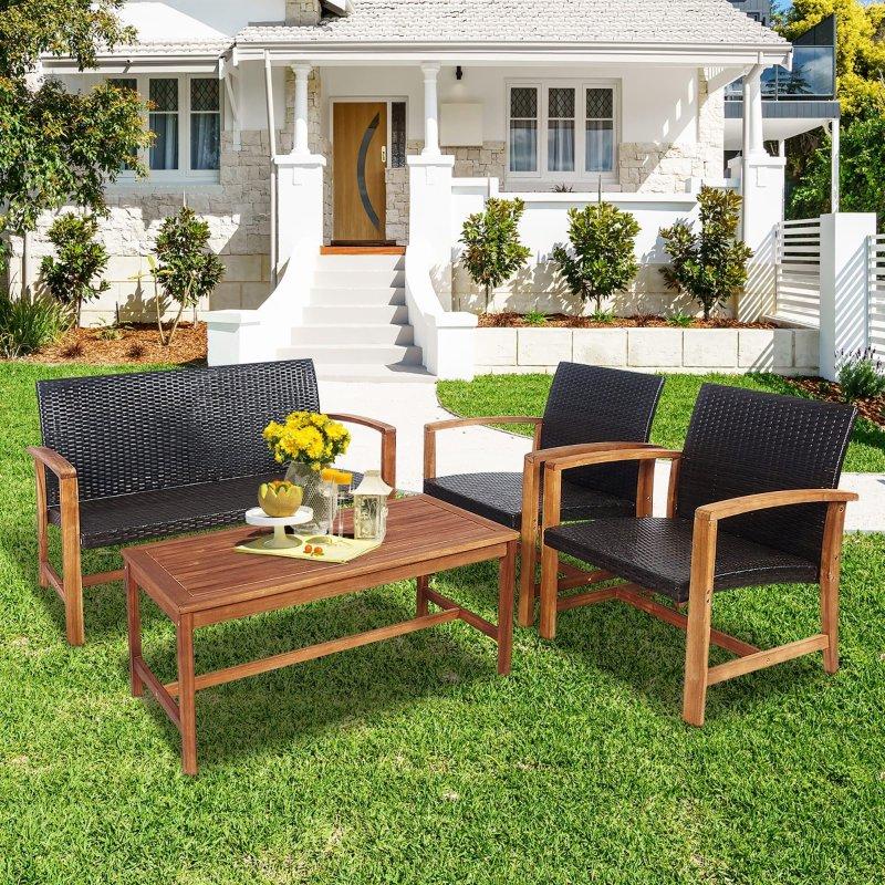 Kahverengi Rattan ve Akasya Ahşap İskeletli 8 Parça Modüler Bahçe Takımı - 273029
