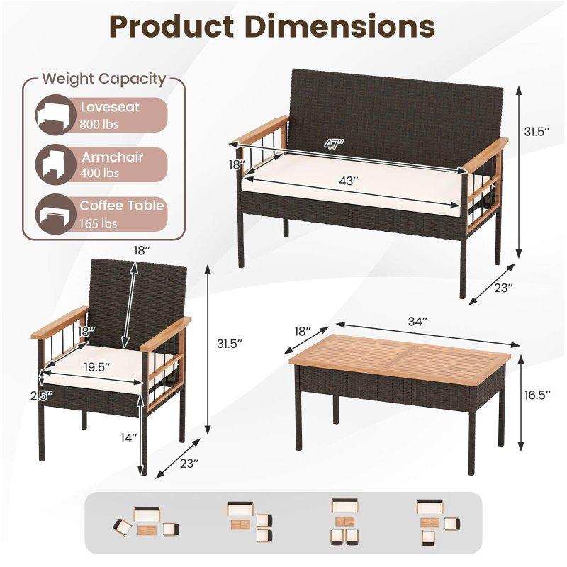 Kahverengi Rattan ve Akasya Ahşap Minderli 4 Parça Bahçe Takımı - 271435