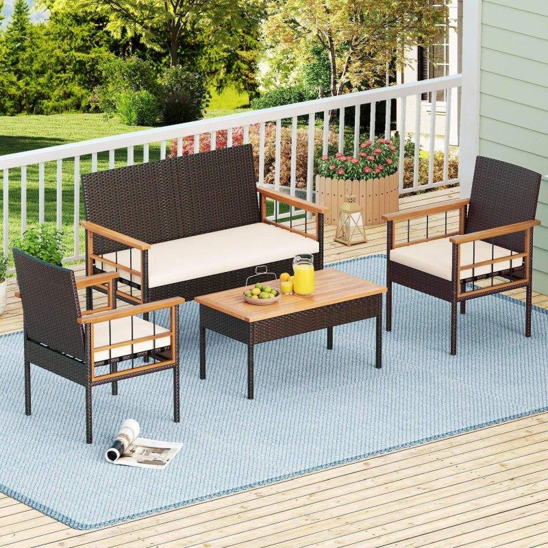Kahverengi Rattan ve Akasya Ahşap Minderli 4 Parça Bahçe Takımı - 271435