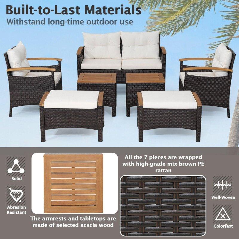 Kahverengi Rattan ve Akasya Ahşap Minderli 7 Parça Bahçe Takımı - 274194