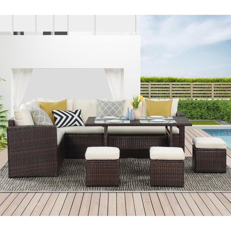 Kahverengi Rattan ve Çelik Modüler 8 Kişilik Minderli Bahçe Takımı - 272356