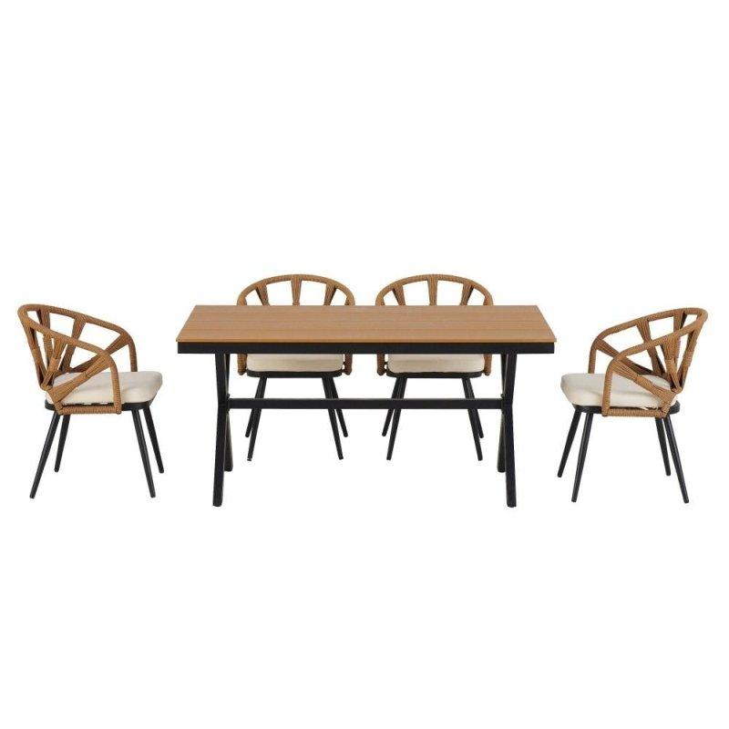 Kahverengi Rattan ve Demir 5 Parça Dikdörtgen Dış Mekan Yemek Takımı - 252468