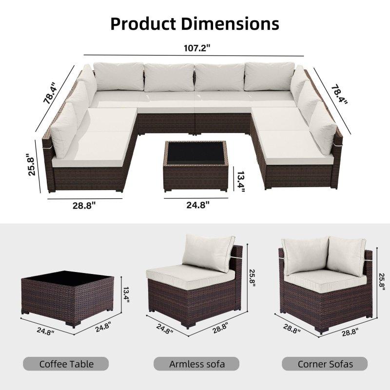 Kahverengi Rattan ve Demir Modüler 9 Parça Minderli Bahçe Takımı - 270099