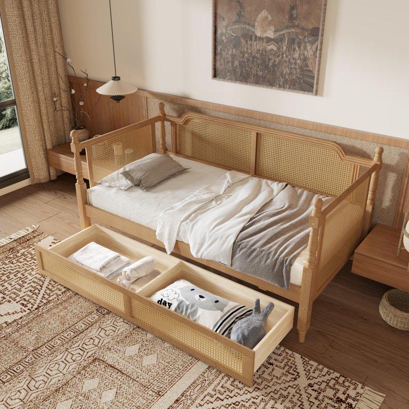 Kahverengi Rattan ve Masif Ahşap 2 Çekmeceli Daybed Karyola - 203x106 cm - 330312