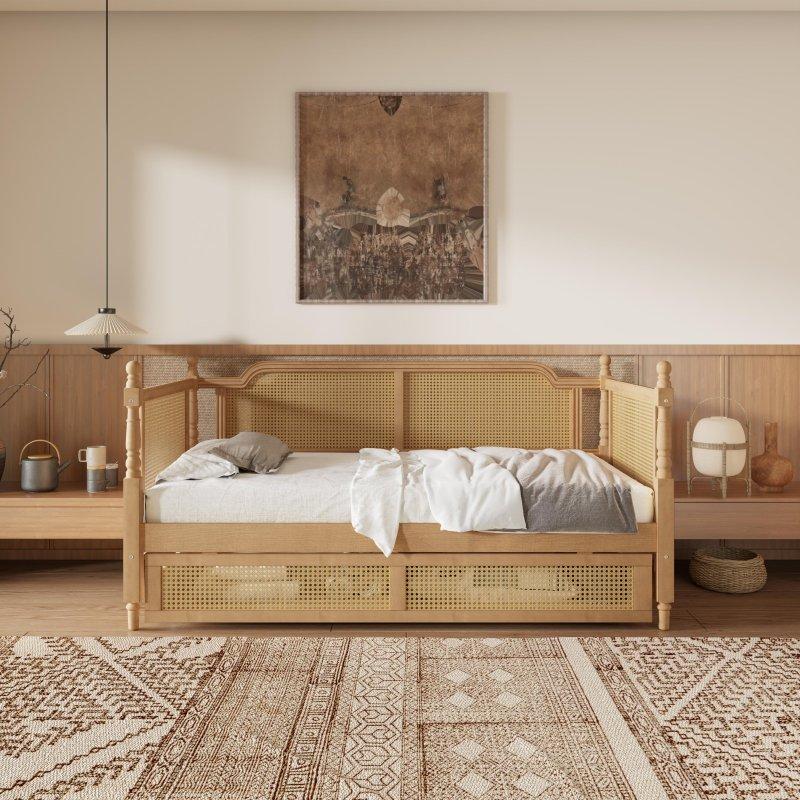 Kahverengi Rattan ve Masif Ahşap 2 Çekmeceli Daybed Karyola - 203x106 cm - 330312
