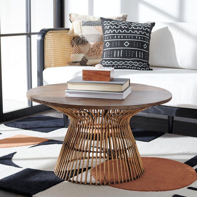 Kahverengi Rattan ve Masif Mango Ağacı Tambur Tasarım Yuvarlak Orta Sehpa - Çap 81 cm - 240413