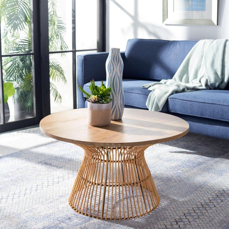 Kahverengi Rattan ve Masif Mango Ağacı Tambur Tasarım Yuvarlak Orta Sehpa - Çap 81 cm - 240413