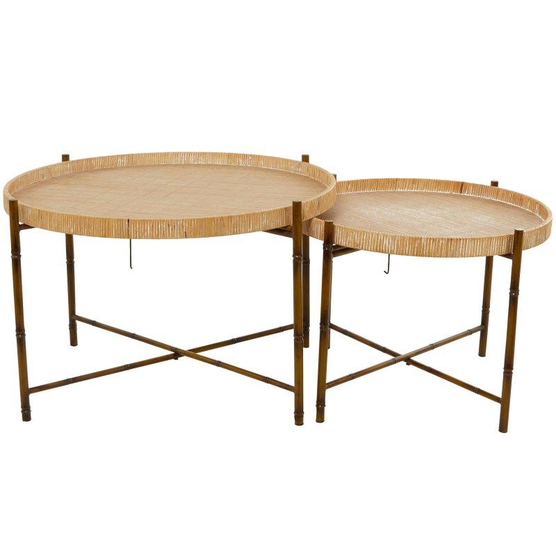 Kahverengi Rattan ve Metal Bambu Tasarım Ayaklı 2li Set Yuvarlak Orta Sehpa - 239821