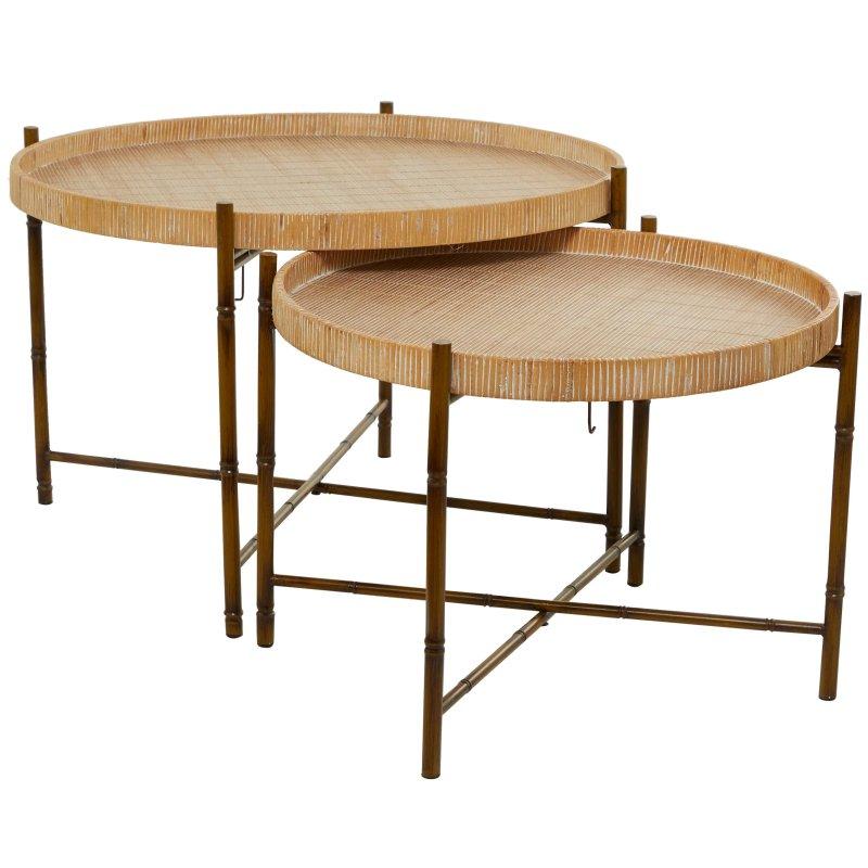 Kahverengi Rattan ve Metal Bambu Tasarım Ayaklı 2li Set Yuvarlak Orta Sehpa - 239821