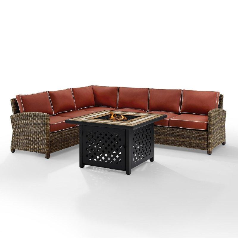 Kahverengi Sentetik Rattan Ateş Çukurlu Kırmızı Minderli 5 Parça Bahçe Takımı - 273219