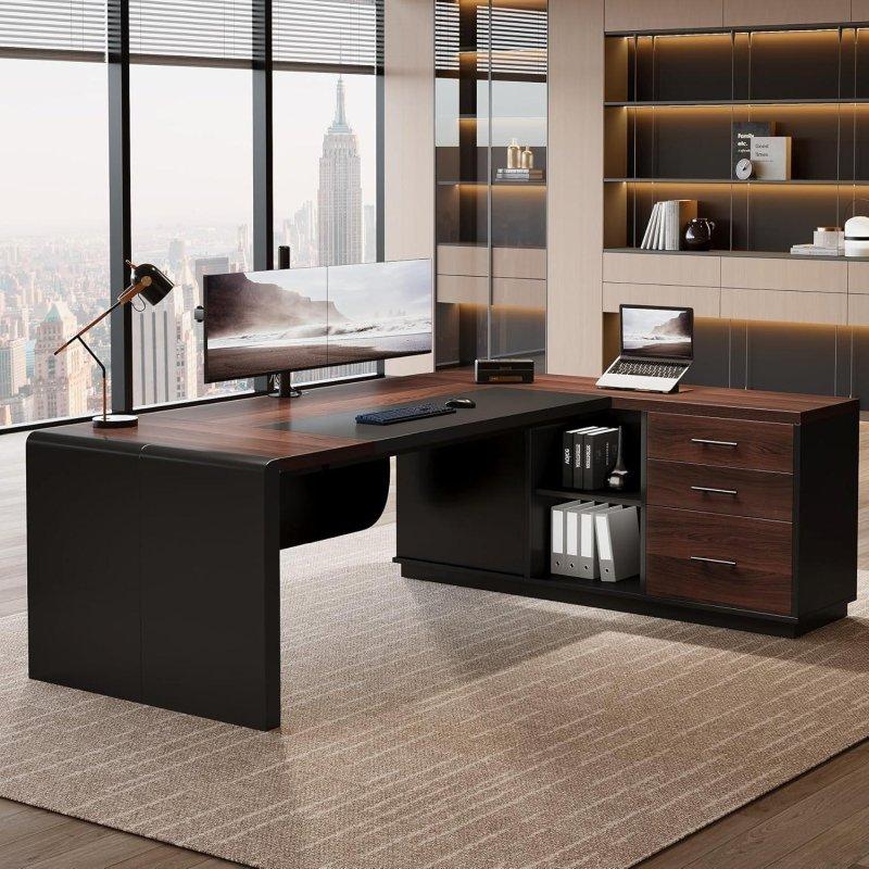 Kahverengi Siyah MDF Metal Çekmeceli Raflı L Tipi Ofis Masası - 205 cm - 328103