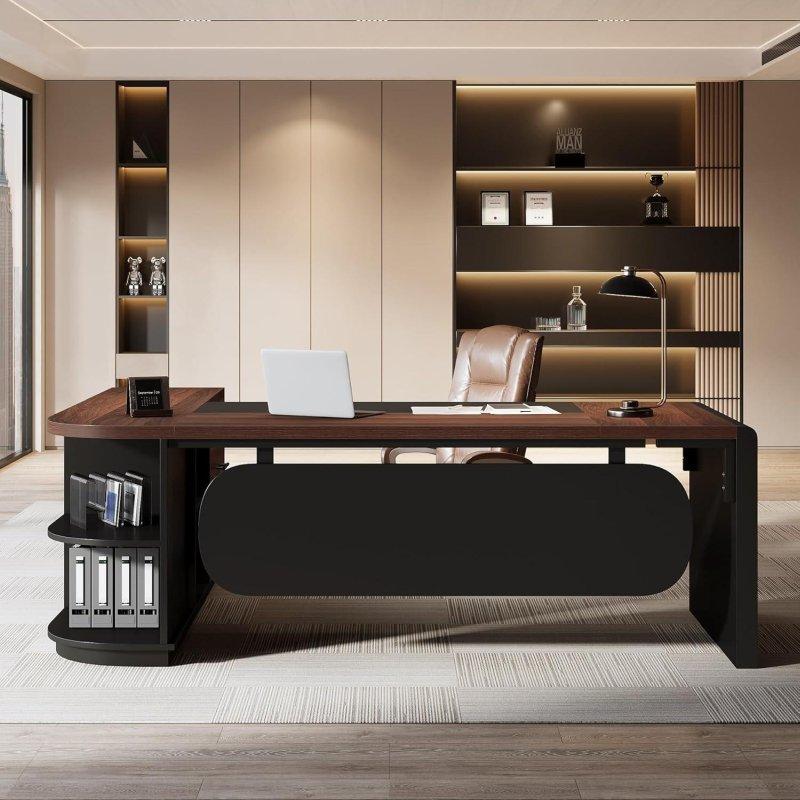 Kahverengi Siyah MDF Metal Çekmeceli Raflı L Tipi Ofis Masası - 205 cm - 328103