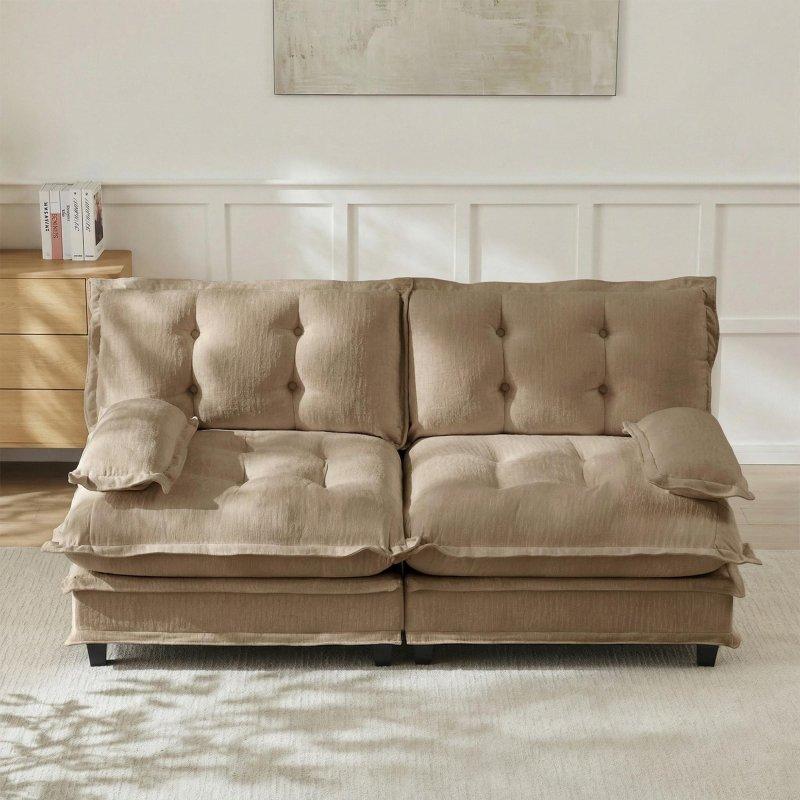 Kahverengi Şönil Kumaş Masif Ahşap Modüler Yastık Sırtlı Bohem Koltuk - 196x86 cm - 293160