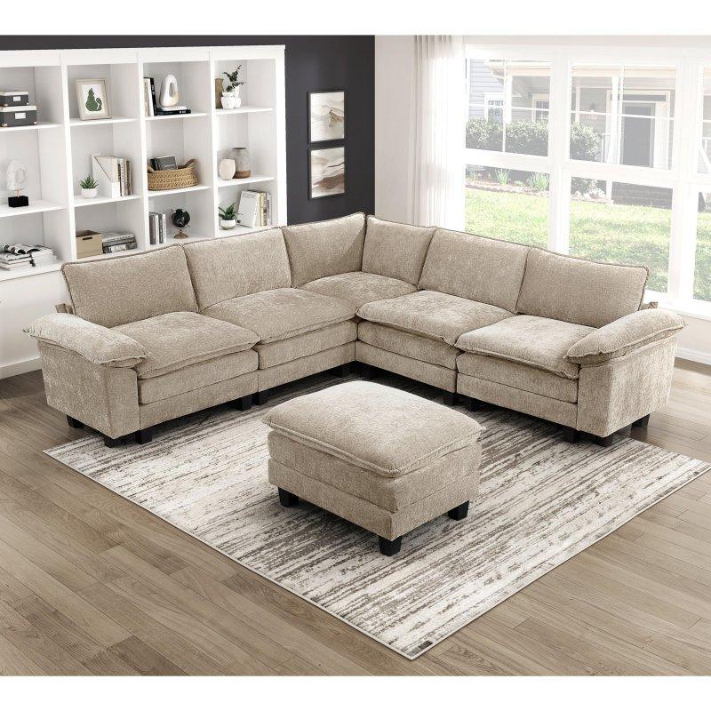 Kahverengi Şönil Kumaş Modüler Puflu 6 Parça Köşe Koltuk - 281x281 cm - 258752