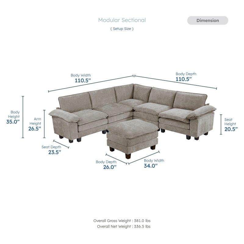 Kahverengi Şönil Kumaş Modüler Puflu 6 Parça Köşe Koltuk - 281x281 cm - 258752