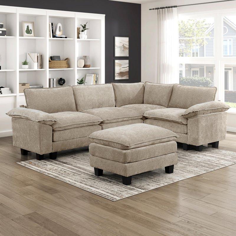 Kahverengi Şönil Kumaş Modüler Puflu Köşe Koltuk - 281x196 cm - 260740