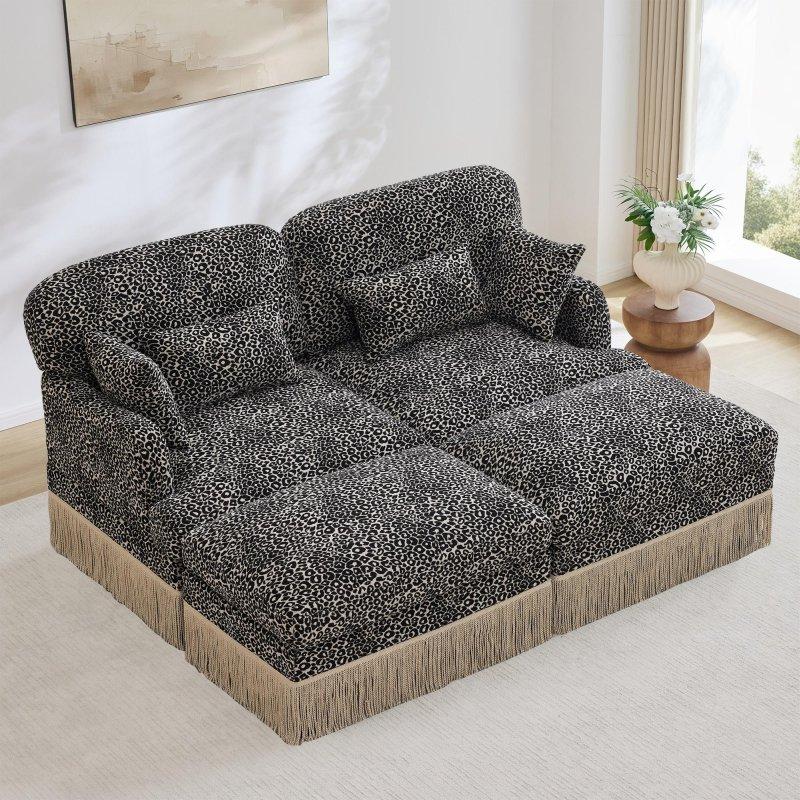 Kahverengi Şönil Leopar Desenli Modüler Püsküllü Bohem Koltuk - 176x141 cm - 286923