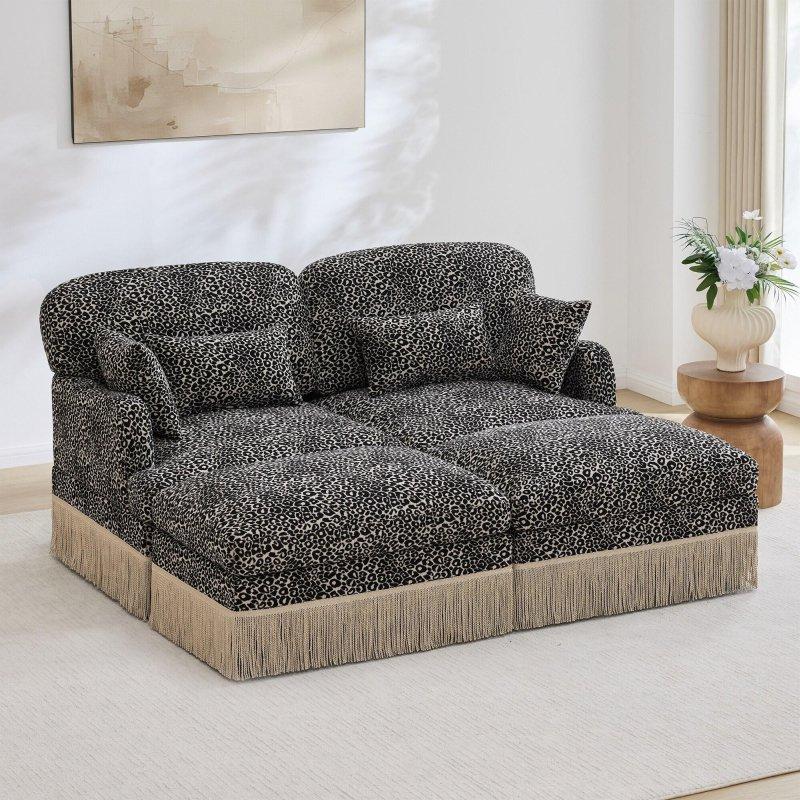 Kahverengi Şönil Leopar Desenli Modüler Püsküllü Bohem Koltuk - 176x141 cm - 286923
