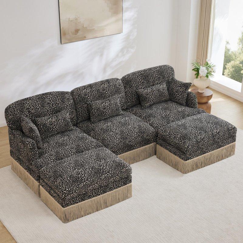 Kahverengi Şönil Leopar Desenli Modüler U Şekilli Bohem Koltuk - 255x141 cm - 286764