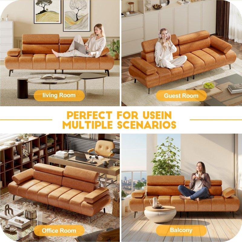 Kahverengi Suni Deri Ayarlanabilir Sırtlı Yataklı Modüler 3 Kişilik Bohem Koltuk - 220x81x78 cm - 293218