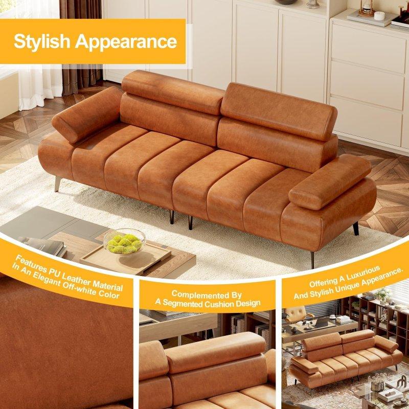 Kahverengi Suni Deri Ayarlanabilir Sırtlı Yataklı Modüler 3 Kişilik Bohem Koltuk - 220x81x78 cm - 293218