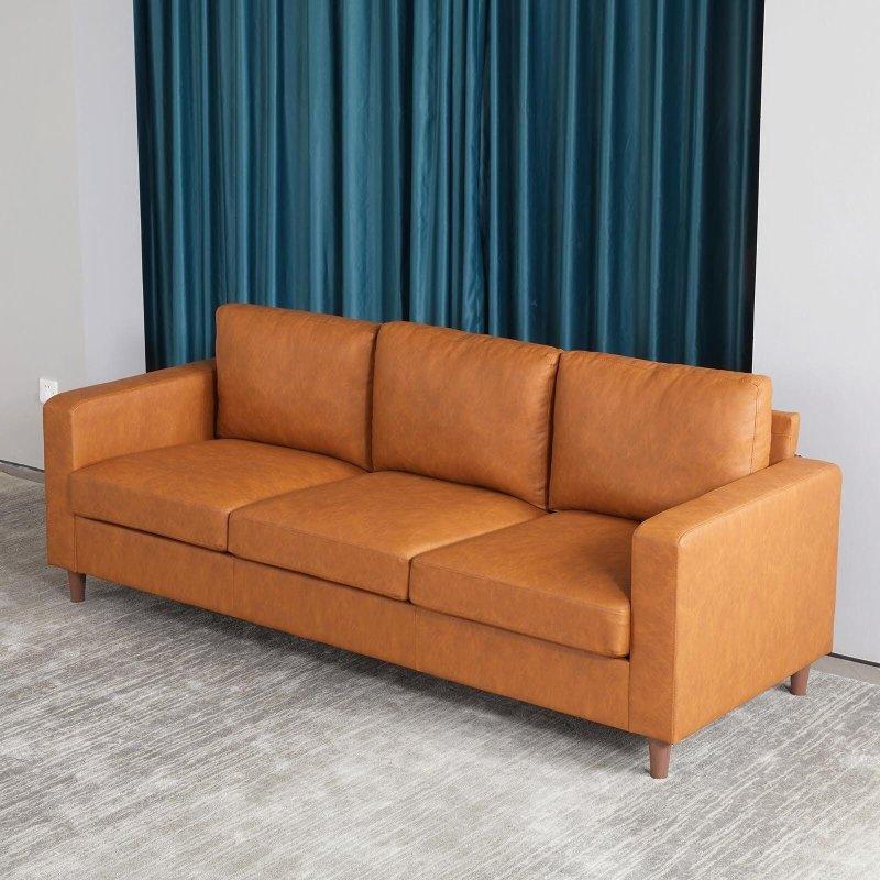 Kahverengi Suni Deri Çelik Ayaklı 3 Kişilik Modern Bohem Koltuk - 216x82x91 cm - 287174