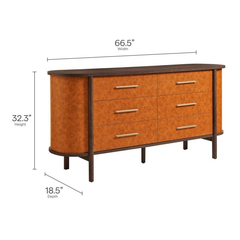 Kahverengi Suni Deri Kaplama Gold Kulplu 6 Çekmeceli Oval Şifonyer - 169 cm - 295136