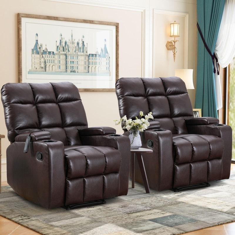 Kahverengi Suni Deri Masajlı ve Saklama Alanlı 2li Set Baba Koltuğu - 86 cm - 323046