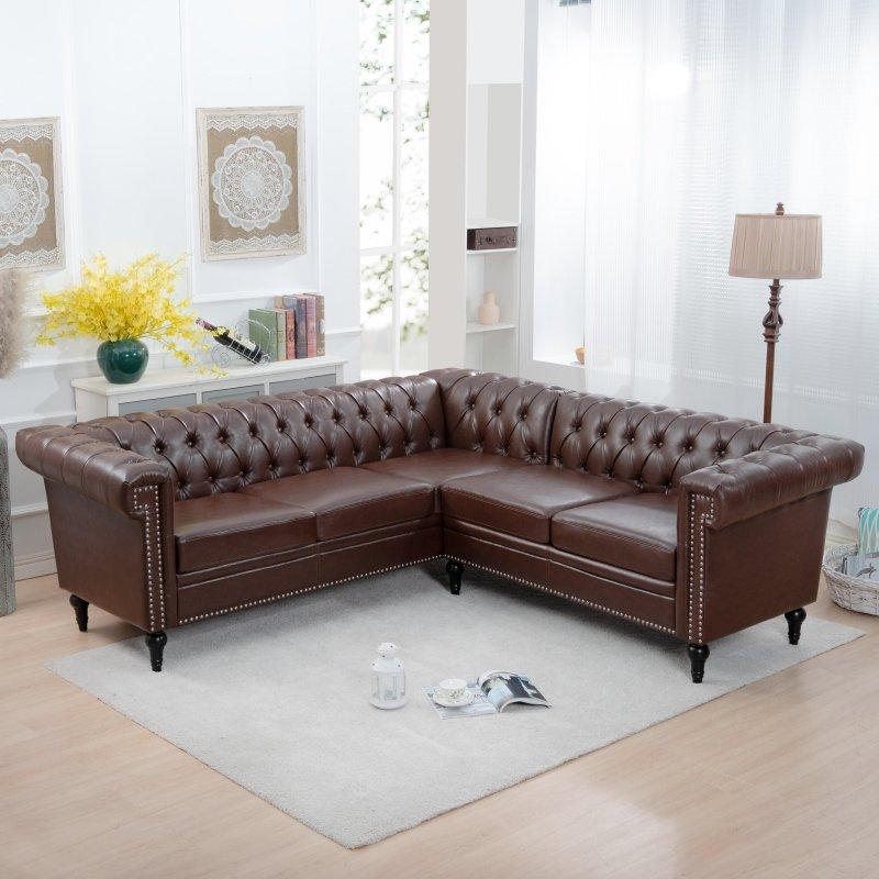 Kahverengi Suni Deri Masif Ahşap İskeletli Simetrik Köşe Koltuk - 216x216 cm - 260473