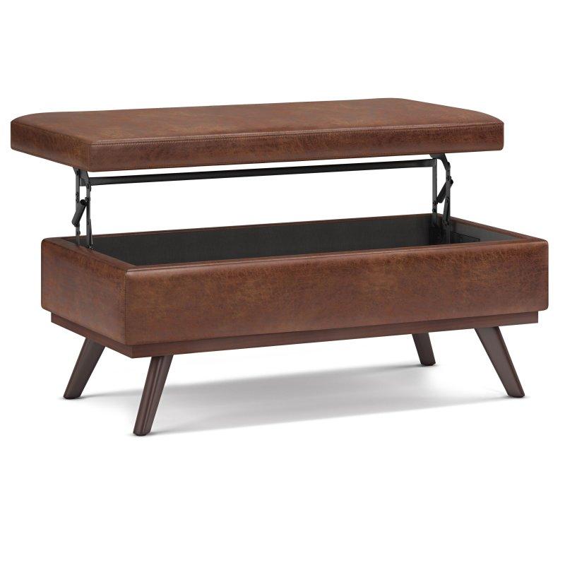 Kahverengi Suni Deri Masif Ahşap Kalkar Kapaklı Saklama Alanlı Akıllı Sehpa - 107x61 cm - 253424